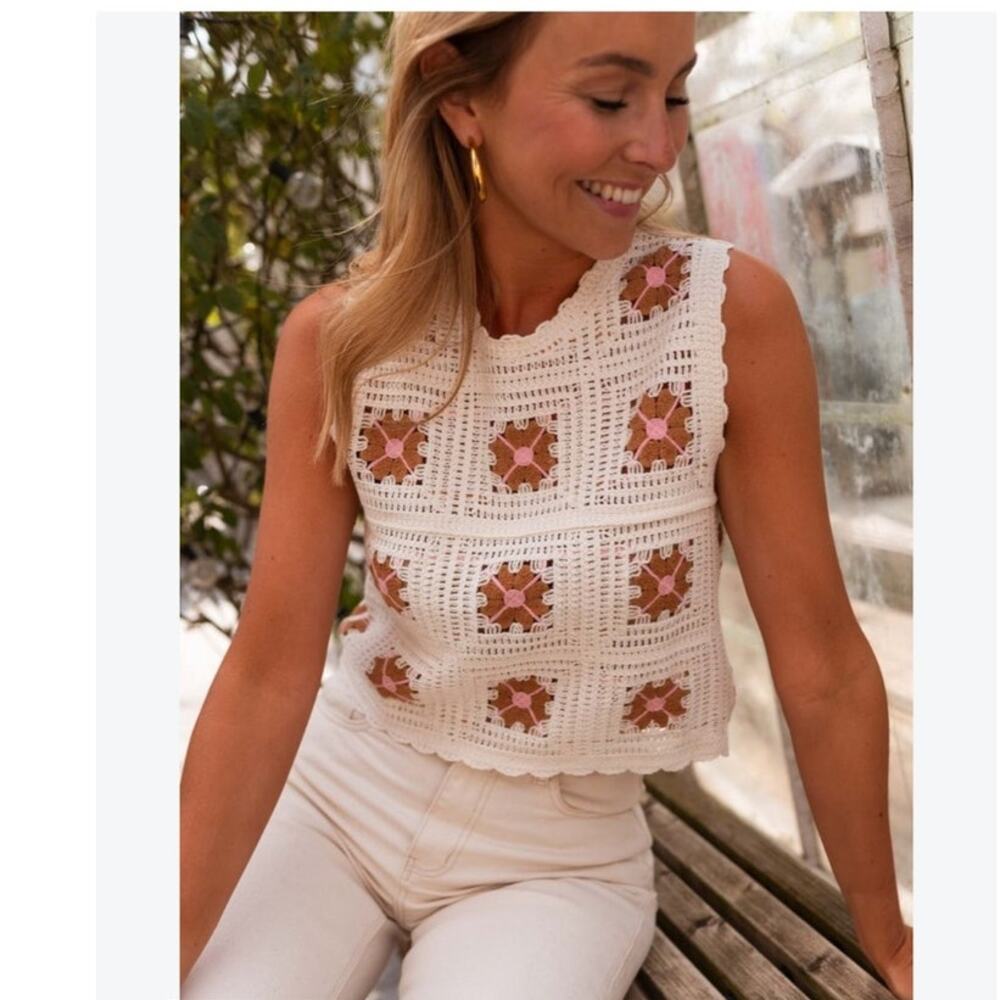 Crochet Squares Pullover Sleeveless Sweater Vest Easy Clothes Flower Small